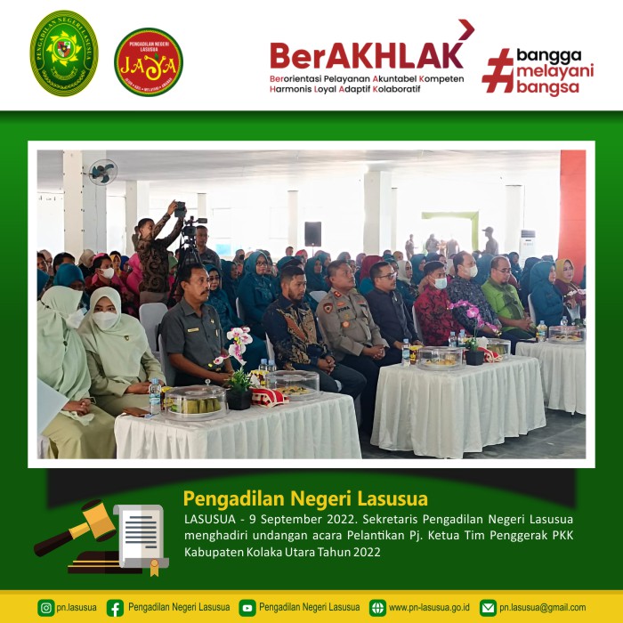 Sekretaris Pengadilan Negeri Lasusua menghadiri undangan acara Pelantikan Pj. Ketua Tim Penggerak PKK Kabupaten Kolaka Utara Tahun 2022